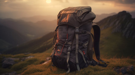 Hiking backpack on the top of the mountain. Generative AIの素材