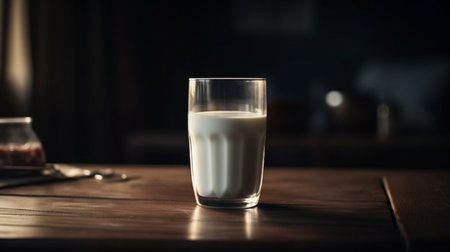 A glass of milk on a table. Generative AIの素材