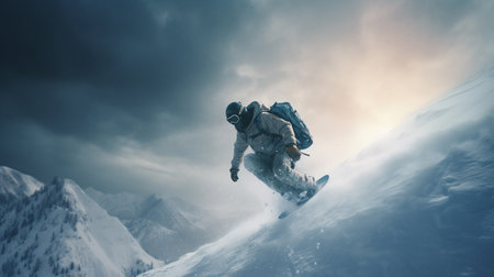Snowboarder jumping on snowy mountains. Generative AIの素材