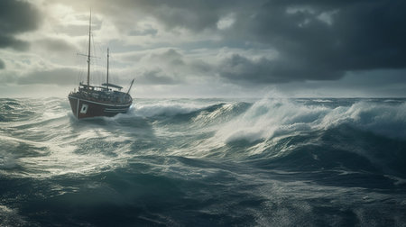 Ship in stormy sea. Generative AIの素材
