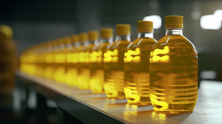 Bottles of sunflower oil on a conveyor belt in a factory. Generative AIの素材