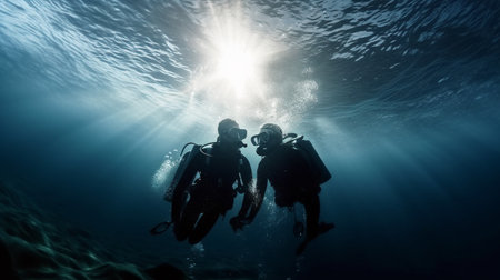 Two divers swimming underwater. Generative AIの素材