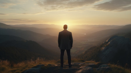 Businessman standing on top of a mountain and looking at the sunset. Generative AIの素材