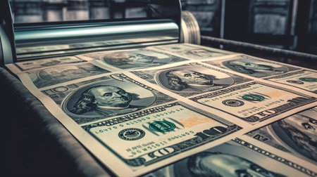 Conveyor belt with dollar banknotes. Generative AIの素材