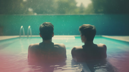 Rear view of two man in swimming pool. Generative AIの素材