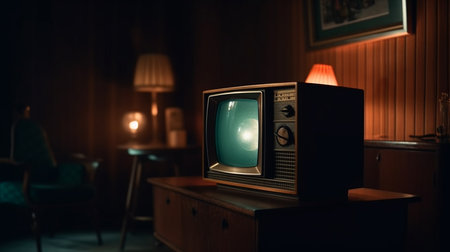 Retro TV on a wooden table. Generative AIの素材