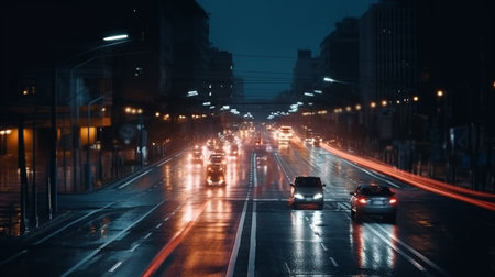 Highway in the city at night with cars and lights. Generative AIの素材