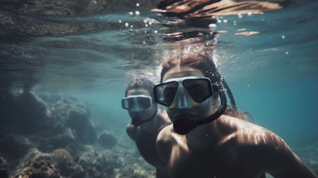 Two divers swimming underwater. Generative AIの素材