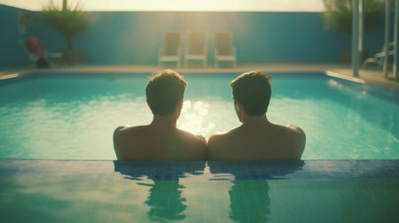 Rear view of two man in swimming pool. Generative AIの素材