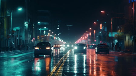 Highway in the city at night with cars and lights. Generative AIの素材