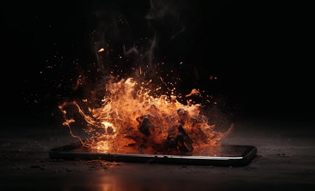 Smartphone with fire screen. Generative AIの素材