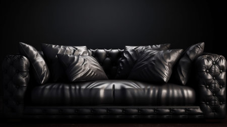 Black leather sofa with pillows. Generative AIの素材