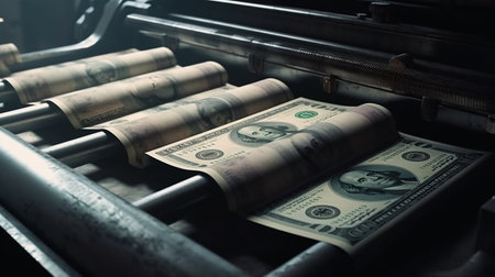Conveyor belt with dollar banknotes. Generative AIの素材