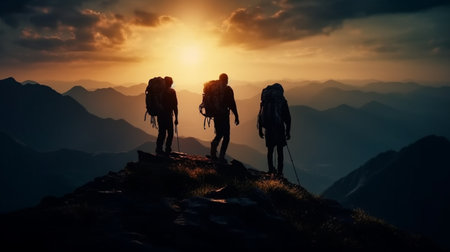 Group of hikers on a mountain top. Generative AIの素材
