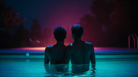 Rear view of two man in swimming pool. Generative AIの素材