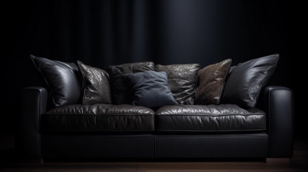 Black leather sofa with pillows. Generative AIの素材