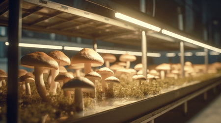 Mushrooms in farm. Generative AIの素材
