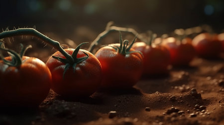 Tomatoes growing in a soil. Generative AIの素材