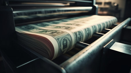 Conveyor belt with dollar banknotes. Generative AIの素材