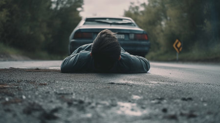 Man lying on the road. car accident. Generative AIの素材