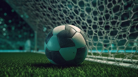 Soccer ball on the green grass of soccer field. Generative AIの素材