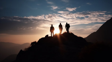 Group of hikers on a mountain top. Generative AIの素材