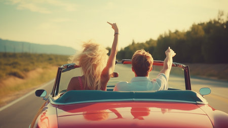 Couple in cabriolet on road, back view. Generative AIの素材