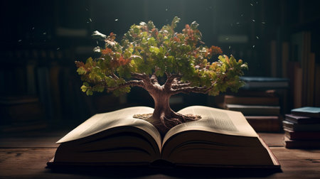 Tree growing from an open book. Generative AIの素材