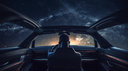 Businessman driving a car in the starry night. Generative AIの素材