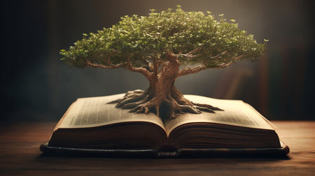 Tree growing from an open book. Generative AIの素材