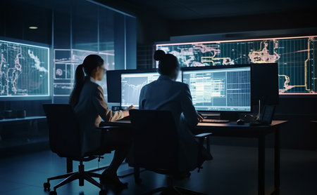 Back view of businessman and businesswoman working with computer in modern office. Generative AIの素材