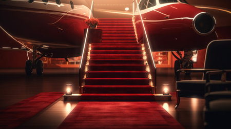 Airplane in the airport with red carpet and stairs. Generative AIの素材
