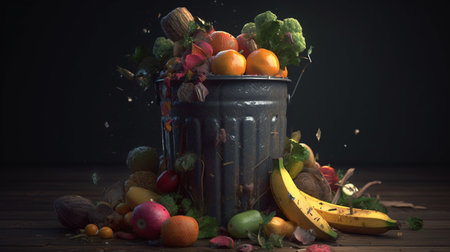 Vegetables and fruits in a trash container. Generative AIの素材