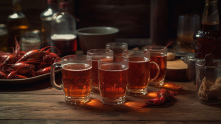 Glass of beer with boiled crayfish. Generative AIの素材