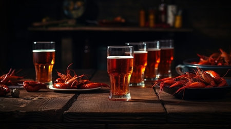 Glass of beer with boiled crayfish. Generative AIの素材