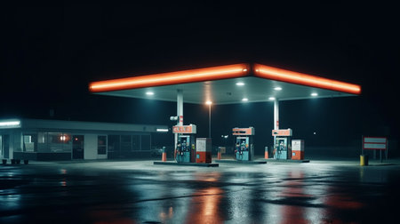Gas station at night. Generative AIの素材