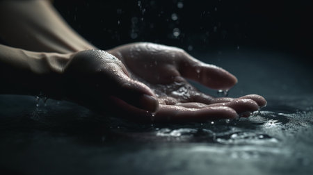 Hands of a human with a water. Generative AIの素材