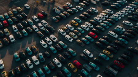 Aerial view of a parking lot with a lot of cars. Generative AIの素材