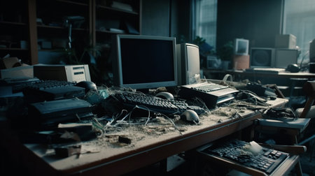 Abandoned office desk with computer. Generative AIの素材