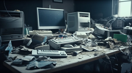 Abandoned office desk with computer. Generative AIの素材