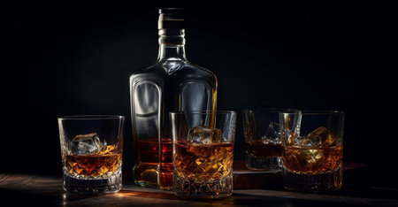 Glasses of whiskey on a wooden table. Generative AIの素材