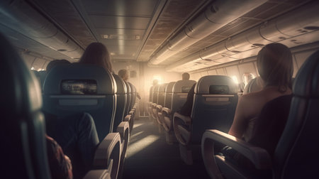 Passengers in the airplane. Generative AIの素材