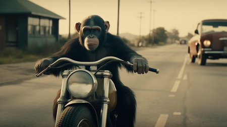 Chimpanzee rides on a motorcycle. Generative AIの素材