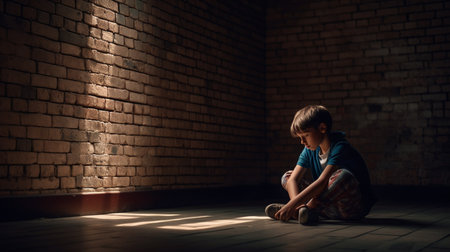 Sad boy sitting on the floor in the room. Generative AIの素材
