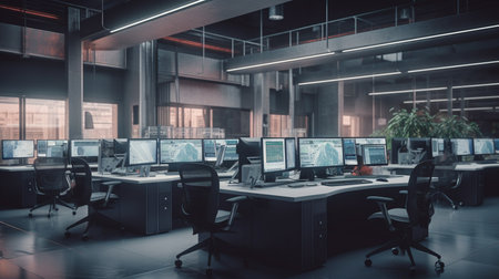 Modern office interior with computers and equipment. Generative AIの素材