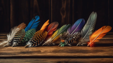 Colorful feathers on a wooden background. Generative AIの素材
