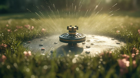 Garden sprinkler spraying water on fresh. Generative AIの素材