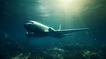 Passenger airplane at underwater. Generative AIの素材