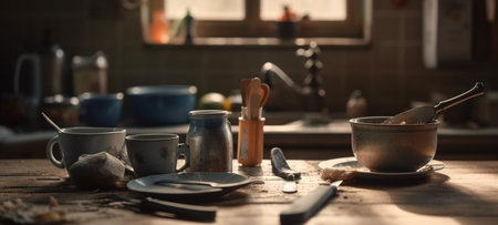 Dirty kitchen utensils. Generative AIの素材