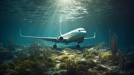 Passenger airplane at underwater. Generative AIの素材